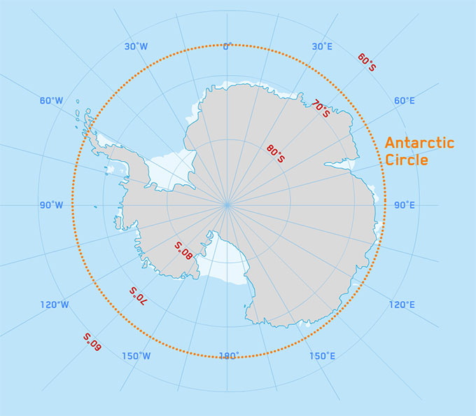 Antarctic map showing Arctic circle