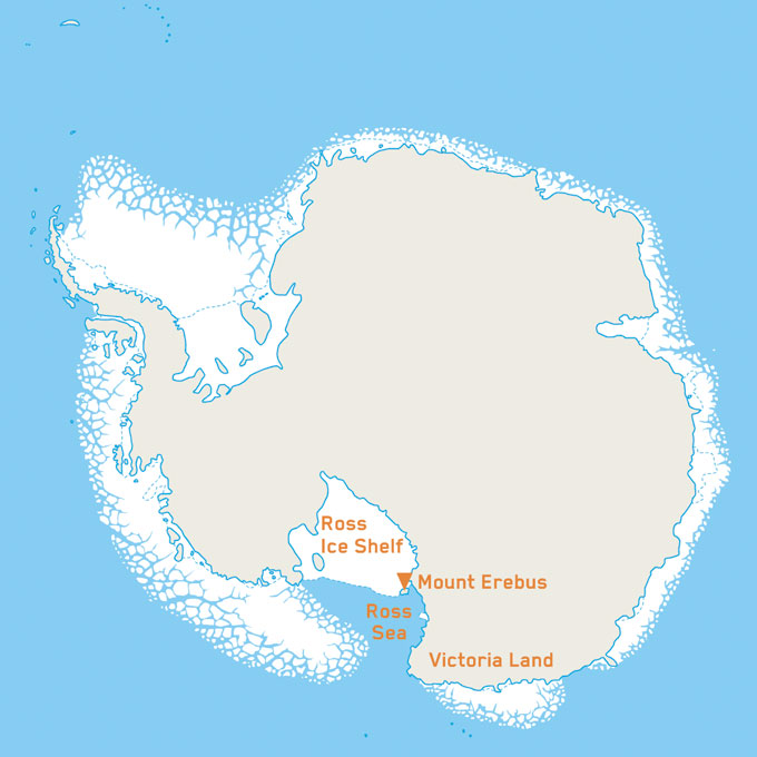 Map showing Victoria Land,Mount Erebus and the Ross Sea and Ice Shelf