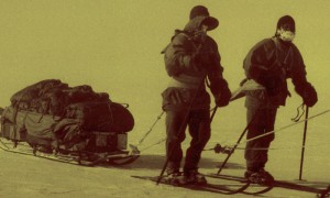 The polar party on the polar plateau. Evans, Oates, Wilson, Scott, photograph taken by Bowers.